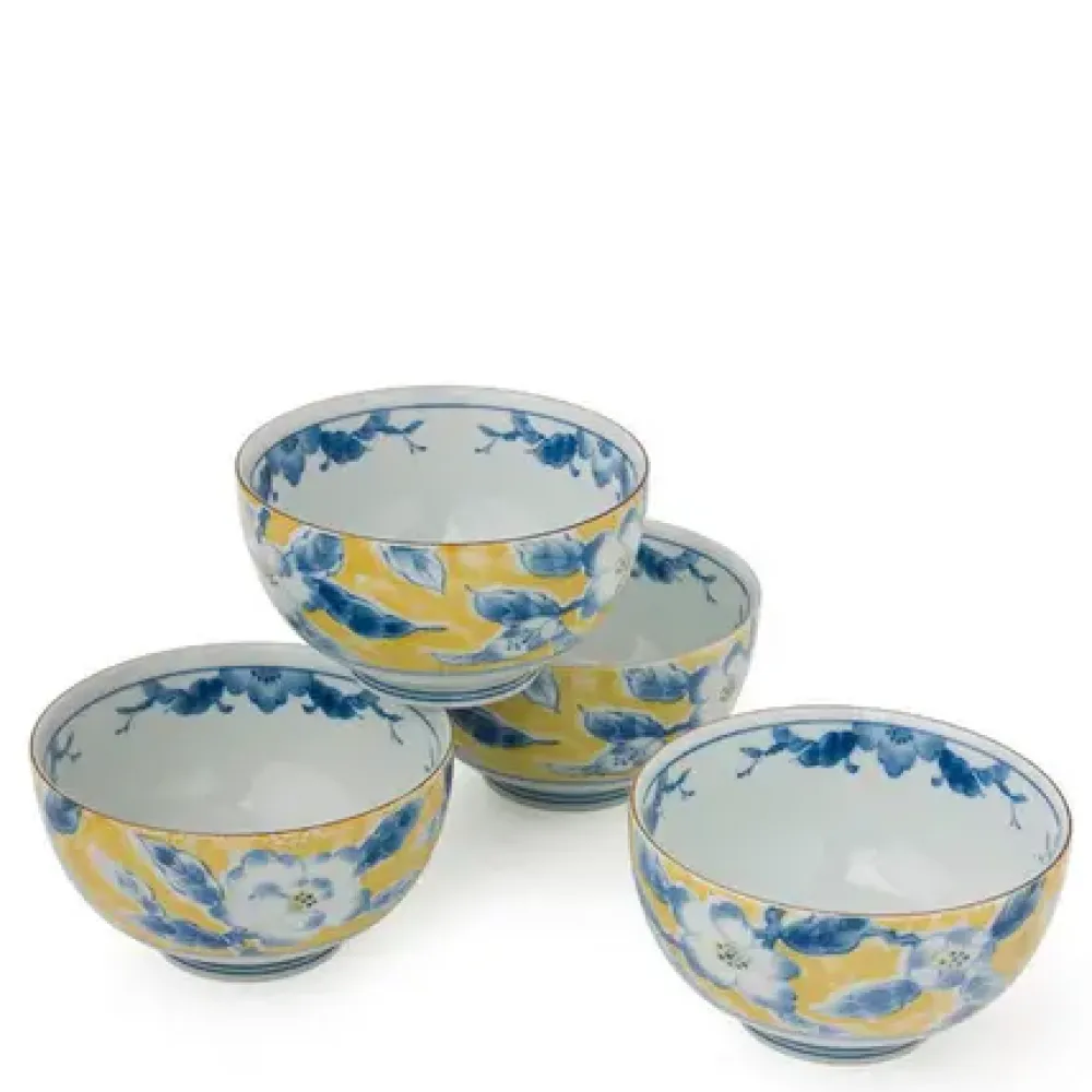 MIYA Company Blue Flower 5" Yellow Bowl Set Hot