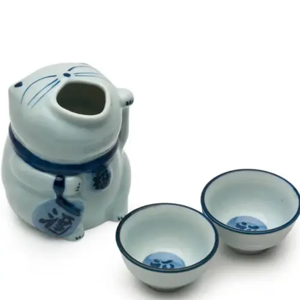 MIYA Company Blue & White Cat Sake Set Clearance