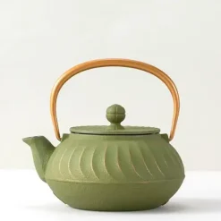 MIYA Company Cast Iron Teapot Olive Green Wave Gold Handle Outlet