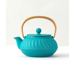 MIYA Company Cast Iron Teapot Teal Wave Gold Handle New