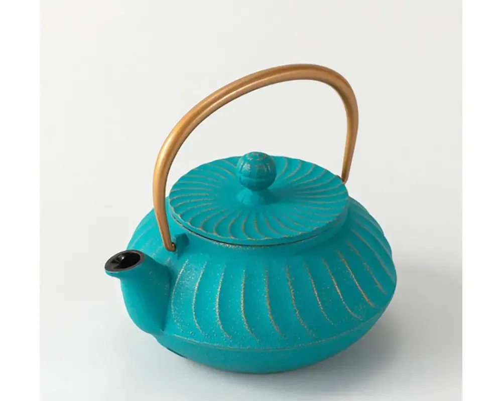 MIYA Company Cast Iron Teapot Teal Wave Gold Handle New